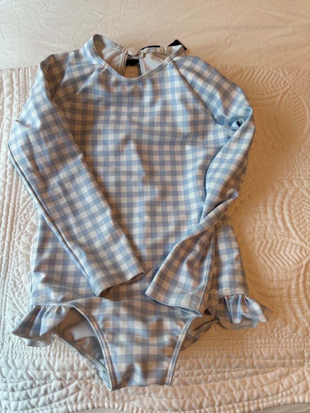 Minnow Girls' Light Blue Gingham Long-Sleeve Swimsuit with Ruffle Hem 3/4T
